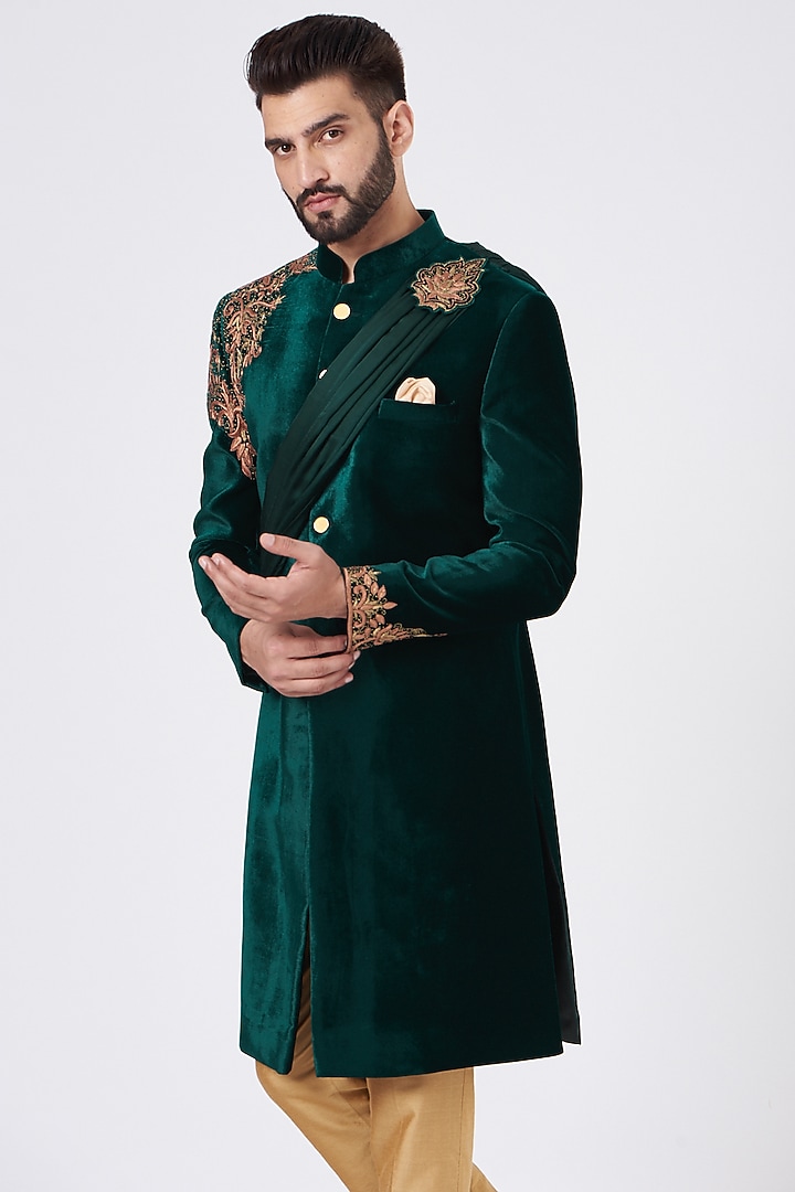 Bottle Green Rayon Hand Embroidered Draped Wedding Sherwani Set by GUJRALS at Pernia's Pop Up Shop