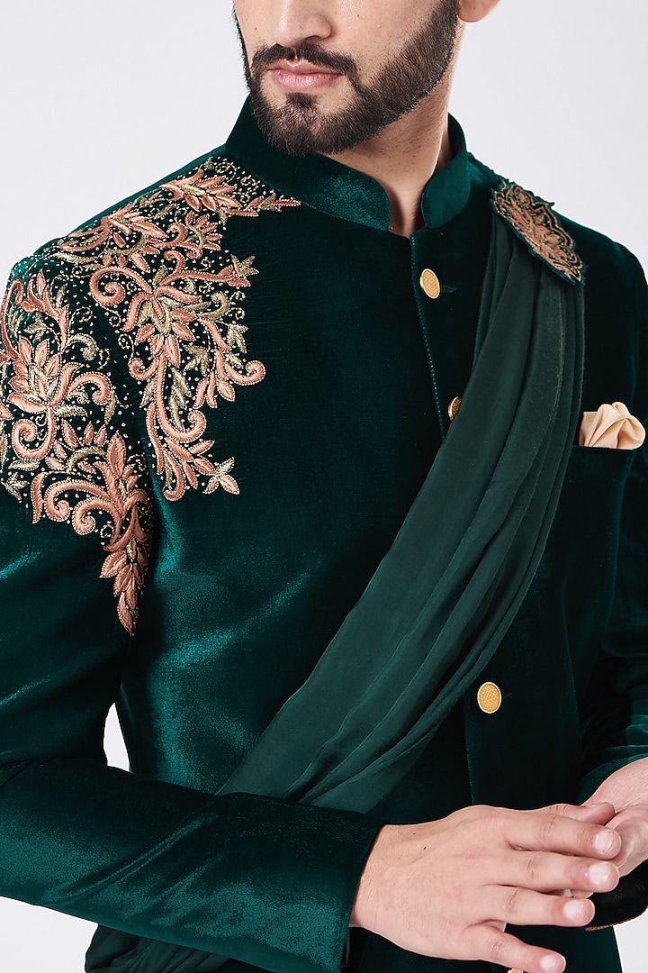 Bottle Green Rayon Hand Embroidered Draped Wedding Sherwani Set by GUJRALS at Pernia's Pop Up Shop