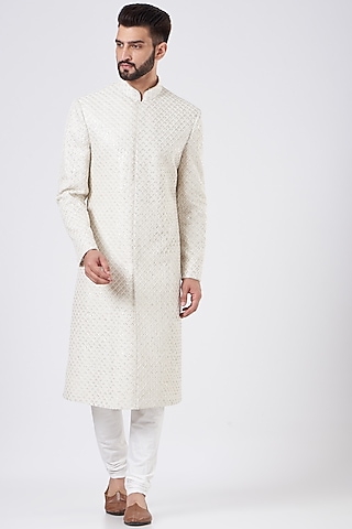 Ivory Silk Embroidered Sherwani Set by GUJRALS
