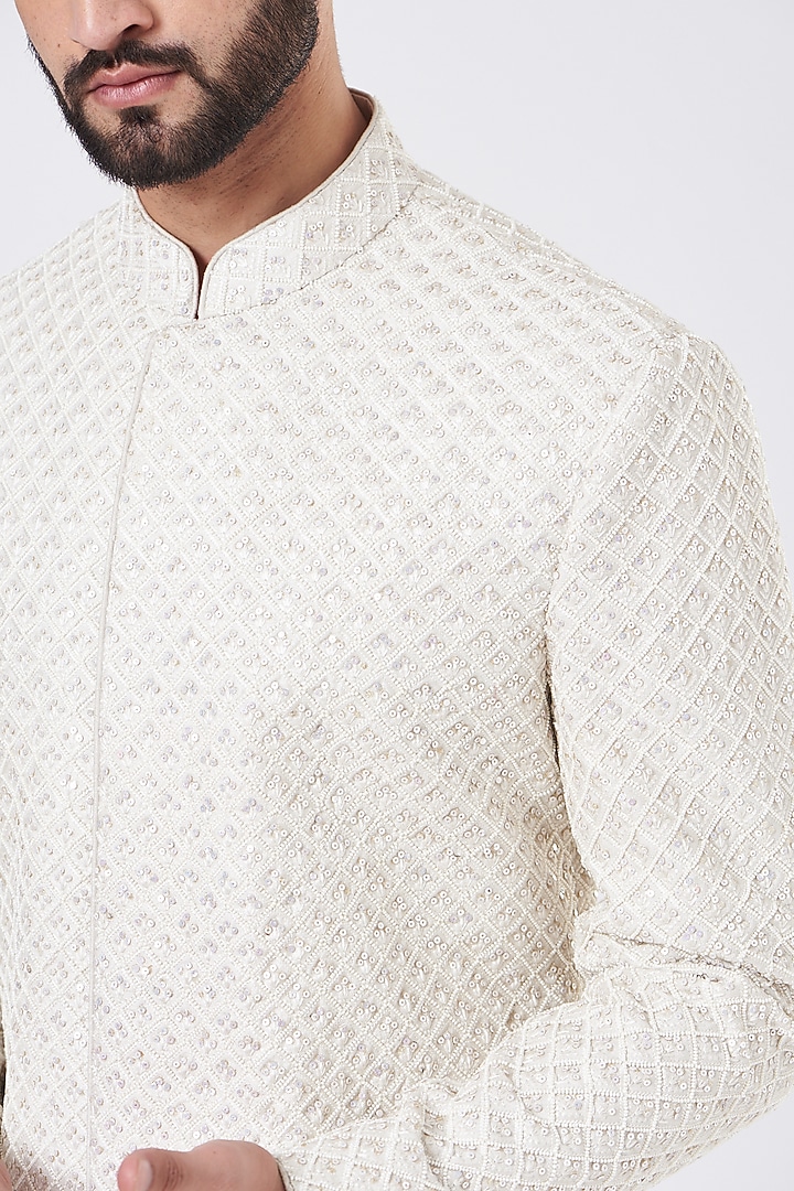 Ivory Silk Embroidered Wedding Sherwani Set by GUJRALS at Pernia's Pop Up Shop