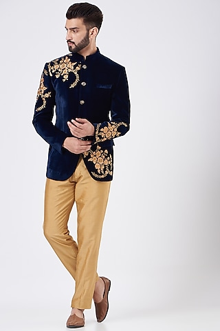 Blue Velvet Embroidered Bandhgala Jacket Set by GUJRALS