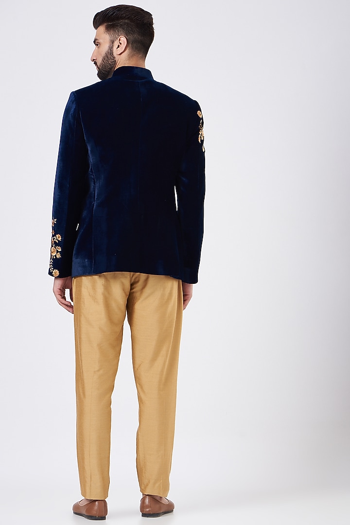 Blue Velvet Embroidered Wedding Bandhgala Jacket Set by GUJRALS at Pernia's Pop Up Shop