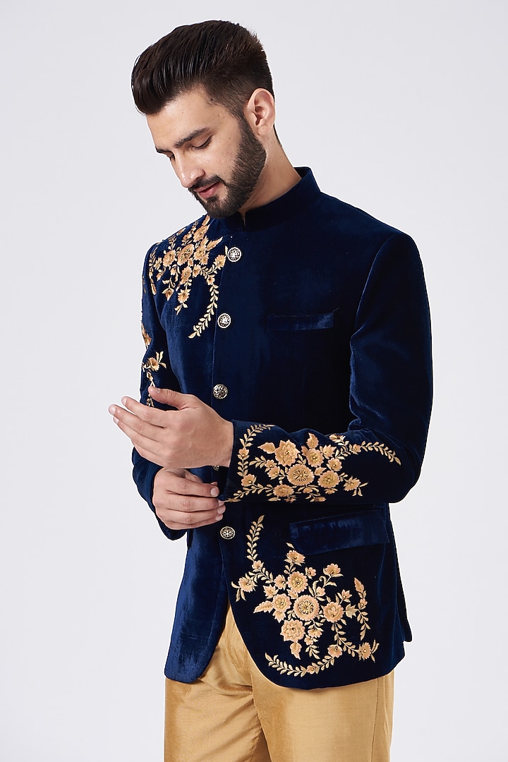 Blue Velvet Embroidered Wedding Bandhgala Jacket Set by GUJRALS at Pernia's Pop Up Shop