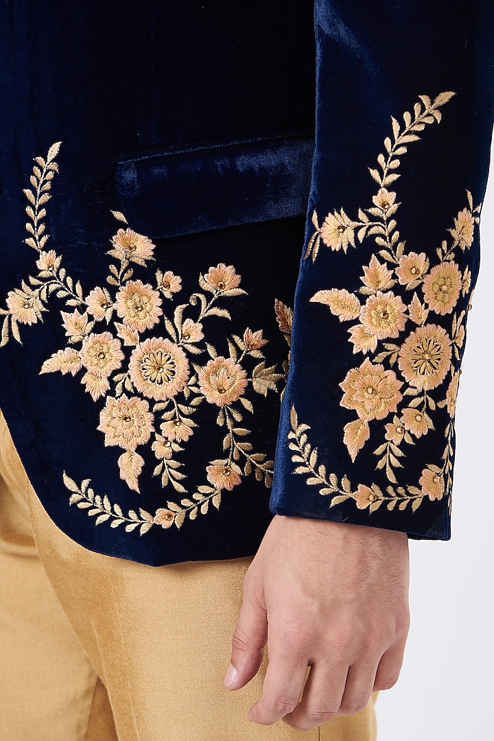 Blue Velvet Embroidered Wedding Bandhgala Jacket Set by GUJRALS at Pernia's Pop Up Shop