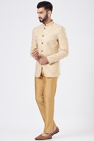 Beige Embroidered Bandhgala Jacket Set by GUJRALS