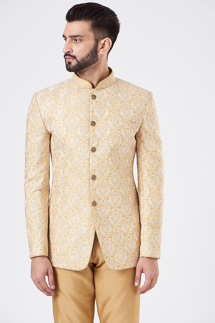 Beige Embroidered Wedding Bandhgala Jacket Set by GUJRALS at Pernia's Pop Up Shop