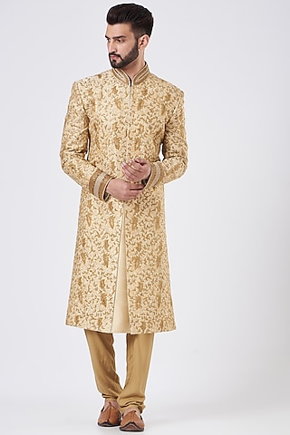 Gold Silk Sherwani Set by GUJRALS
