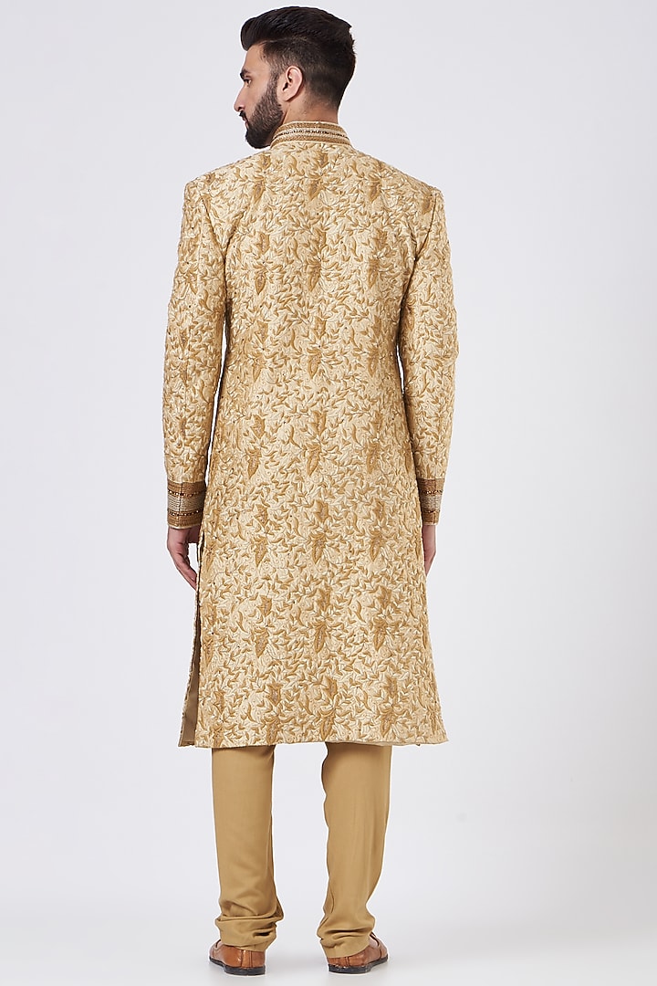 Gold Silk Groom Sherwani Set by GUJRALS at Pernia's Pop Up Shop