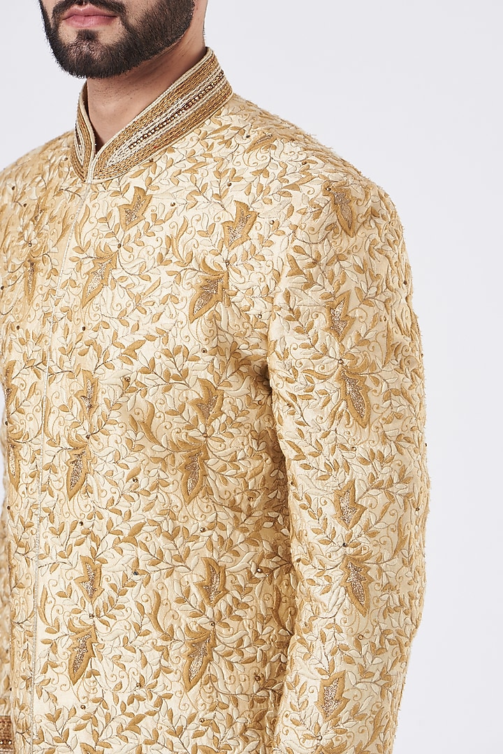 Gold Silk Groom Sherwani Set by GUJRALS at Pernia's Pop Up Shop