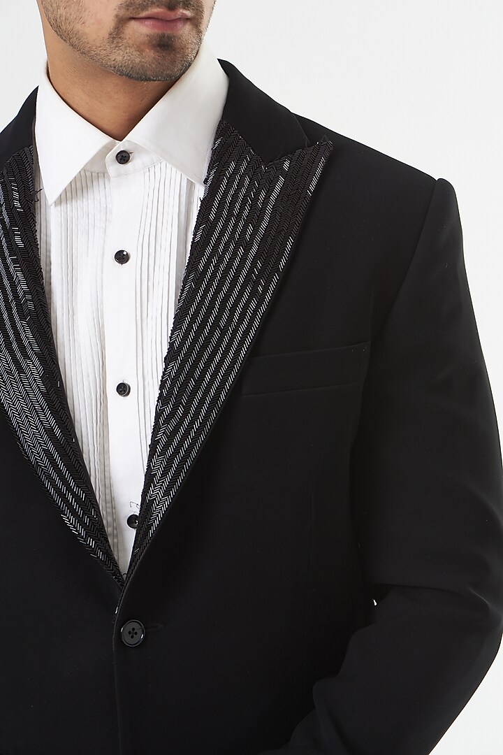 Black Rayon Embroidered Tuxedo Set by GUJRALS at Pernia's Pop Up Shop