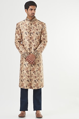 Beige Banarasi Silk Hand Embroidered Sherwani Set by GUJRALS