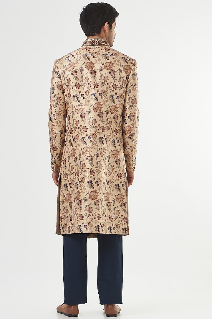 Beige Banarasi Silk Hand Embroidered Wedding Sherwani Set by GUJRALS at Pernia's Pop Up Shop
