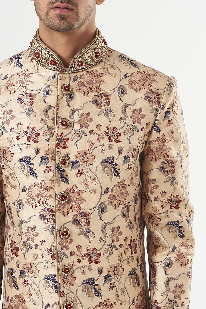 Beige Banarasi Silk Hand Embroidered Wedding Sherwani Set by GUJRALS at Pernia's Pop Up Shop
