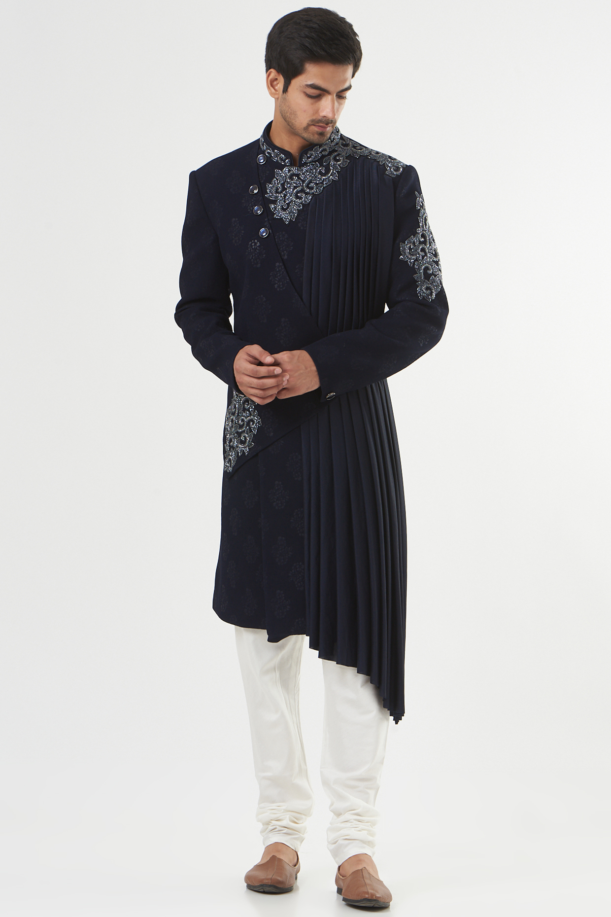 Blue Embroidered Indo-Western Set by GUJRALS