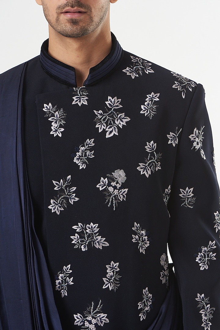 Blue Rayon Embroidered Indo-Western Set by GUJRALS at Pernia's Pop Up Shop