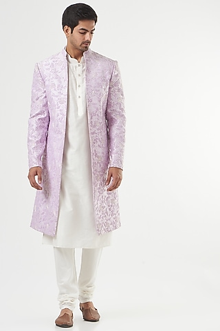 Light Mauve Silk Hand Embroidered Open Sherwani Set by GUJRALS