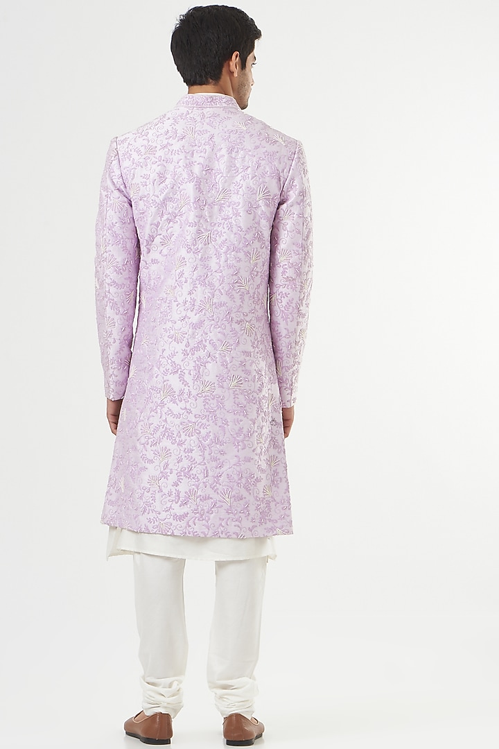 Light Mauve Silk Hand Embroidered Open Wedding Sherwani Set by GUJRALS at Pernia's Pop Up Shop