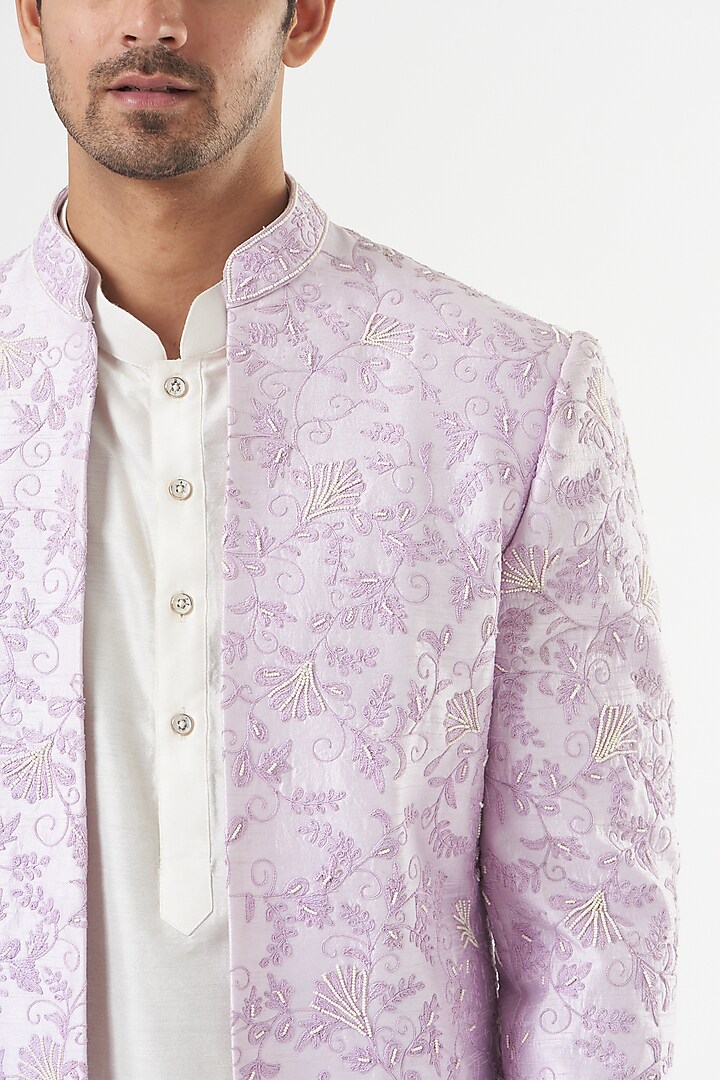 Light Mauve Silk Hand Embroidered Open Wedding Sherwani Set by GUJRALS at Pernia's Pop Up Shop
