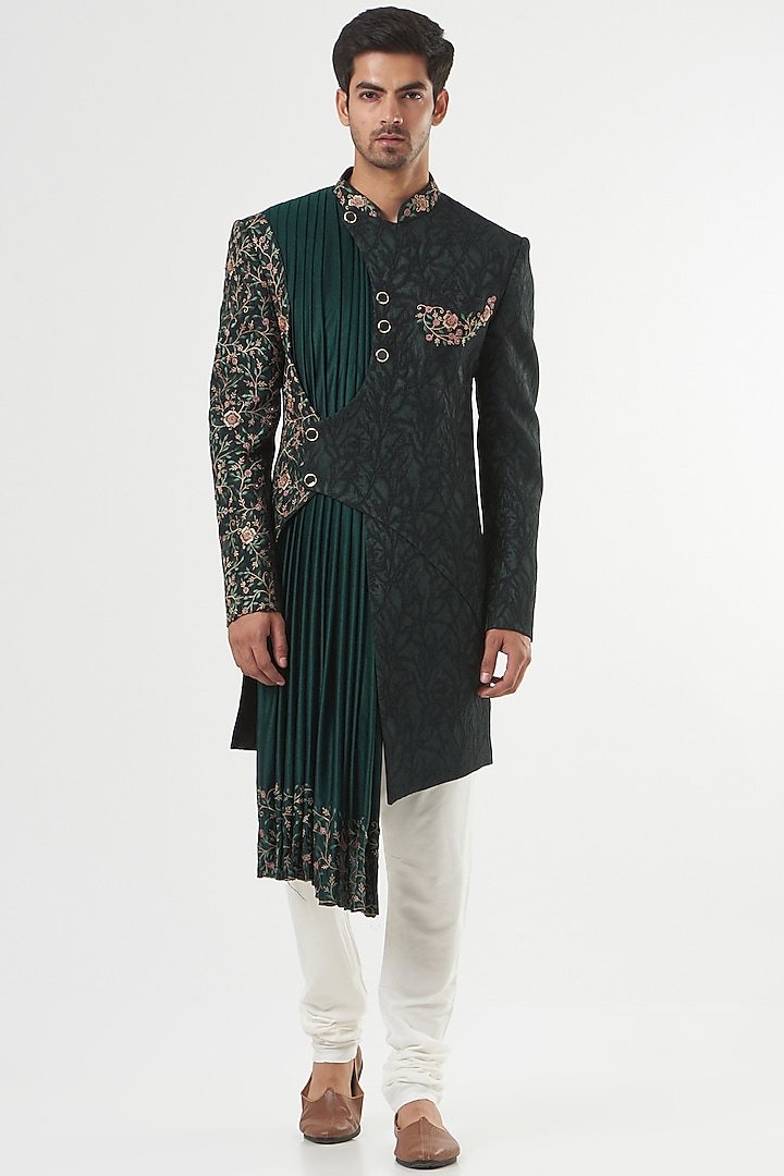 Bottle Green Embroidered Indo-Western Set by GUJRALS