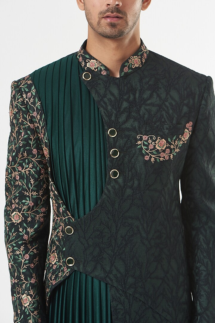 Bottle Green Embroidered Indo-Western Set by GUJRALS at Pernia's Pop Up Shop