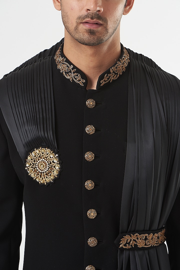 Deep Black Embroidered Indo-Western Set by GUJRALS at Pernia's Pop Up Shop