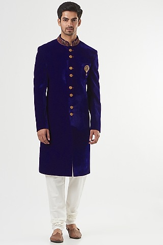 Royal Blue Micro Silk Velvet Hand Embroidered Sherwani Set by GUJRALS