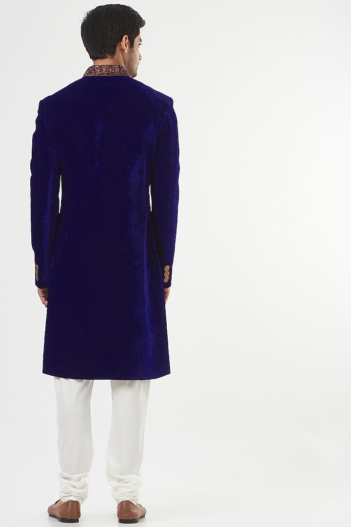 Royal Blue Micro Silk Velvet Hand Embroidered Wedding Sherwani Set by GUJRALS at Pernia's Pop Up Shop