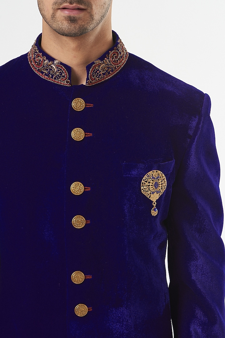 Royal Blue Micro Silk Velvet Hand Embroidered Wedding Sherwani Set by GUJRALS at Pernia's Pop Up Shop
