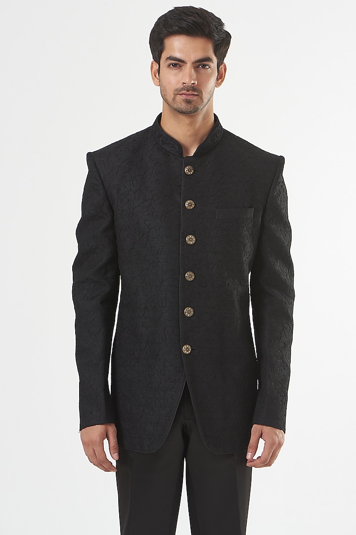 Black Embroidered Wedding Bandhgala Set by GUJRALS at Pernia's Pop Up Shop