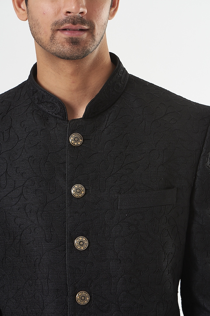 Black Embroidered Wedding Bandhgala Set by GUJRALS at Pernia's Pop Up Shop