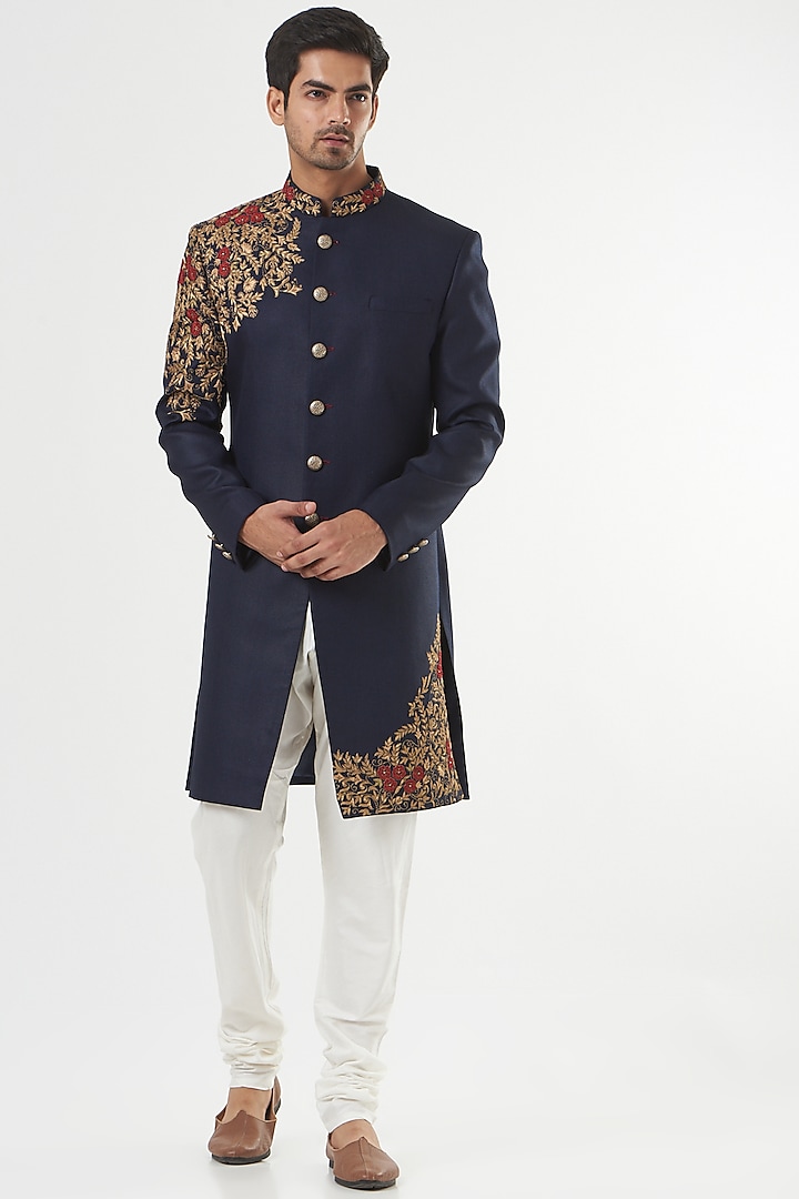 Blue Silk Embroidered Indo-Western Set by GUJRALS
