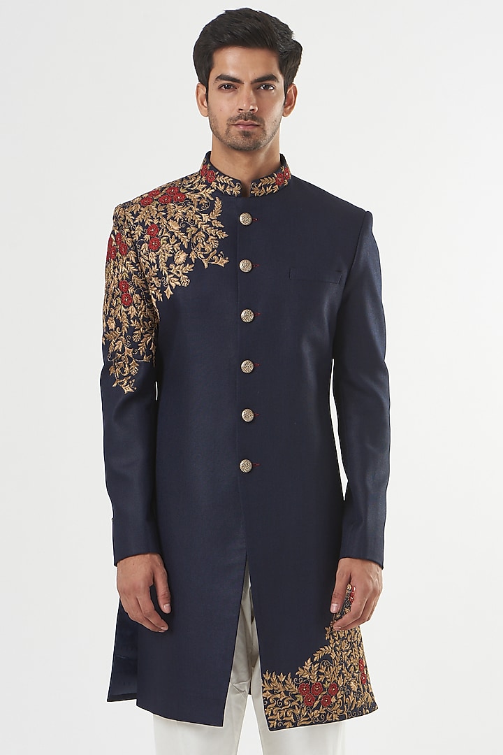 Blue Silk Embroidered Indo-Western Set by GUJRALS at Pernia's Pop Up Shop