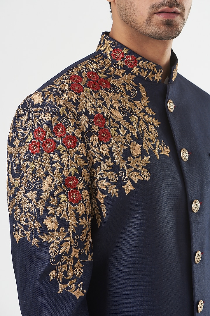 Blue Silk Embroidered Indo-Western Set by GUJRALS at Pernia's Pop Up Shop