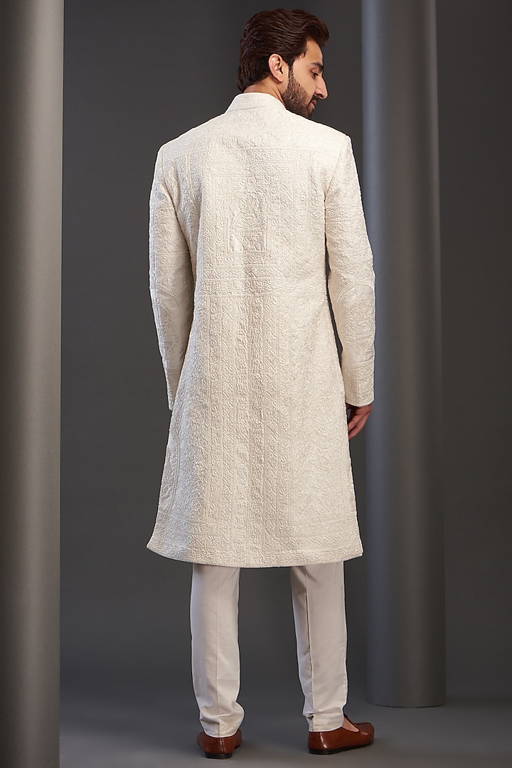 Ivory Raw Silk Embroidered Groom Sherwani by GUJRALS at Pernia's Pop Up Shop