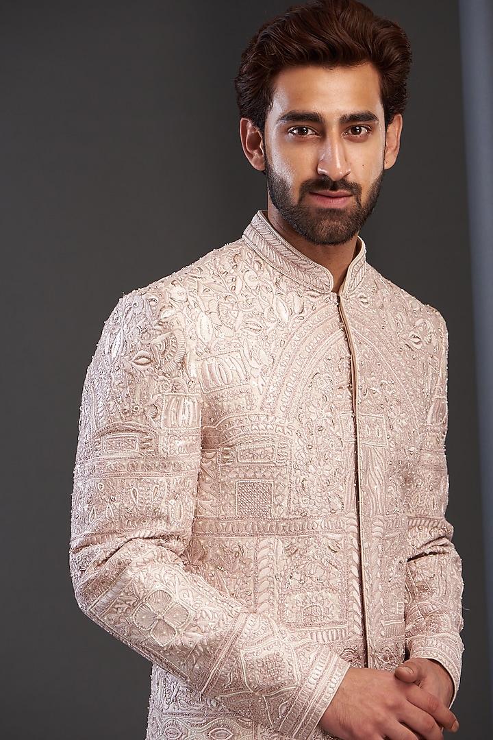 Rose Pink Silk Groom Sherwani by GUJRALS at Pernia's Pop Up Shop
