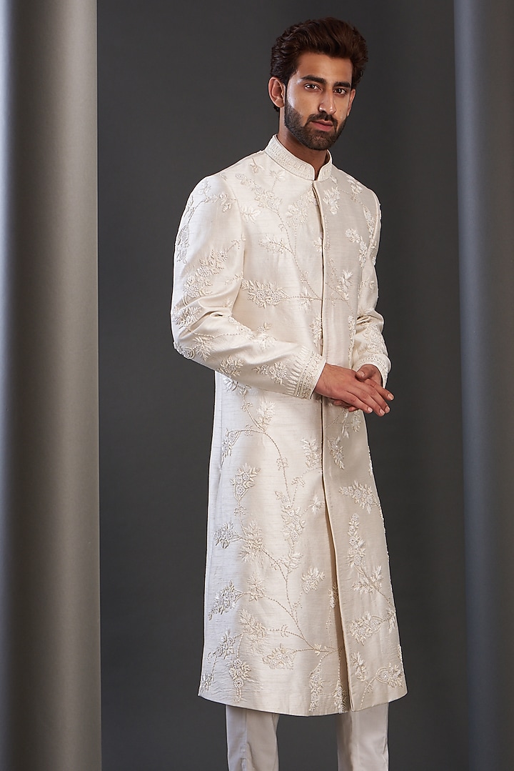 Ivory Silk Hand Embroidered Wedding Sherwani by GUJRALS at Pernia's Pop Up Shop