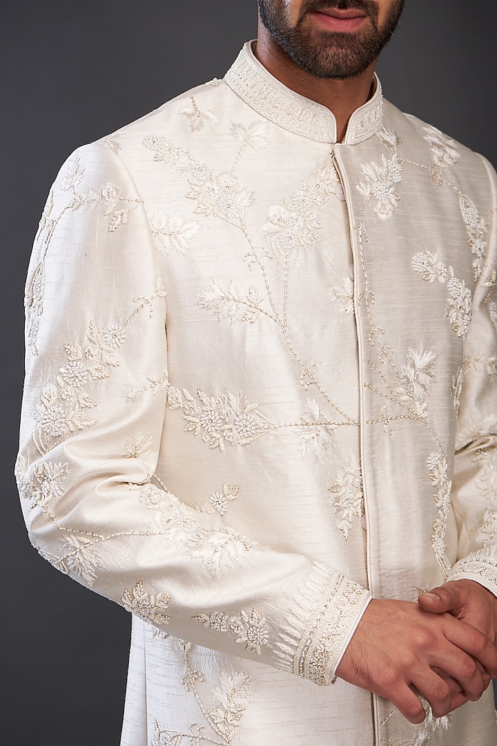 Ivory Silk Hand Embroidered Wedding Sherwani by GUJRALS at Pernia's Pop Up Shop