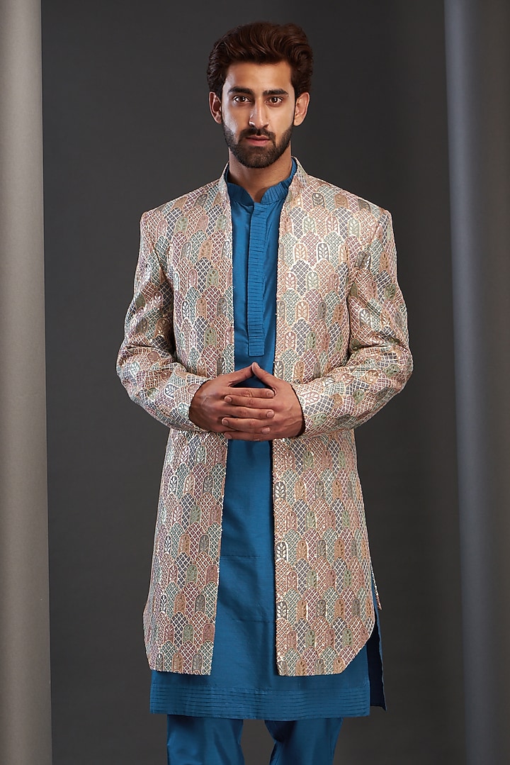 Multi-Colored Georgette Embroidered Wedding Indowestern by GUJRALS at Pernia's Pop Up Shop