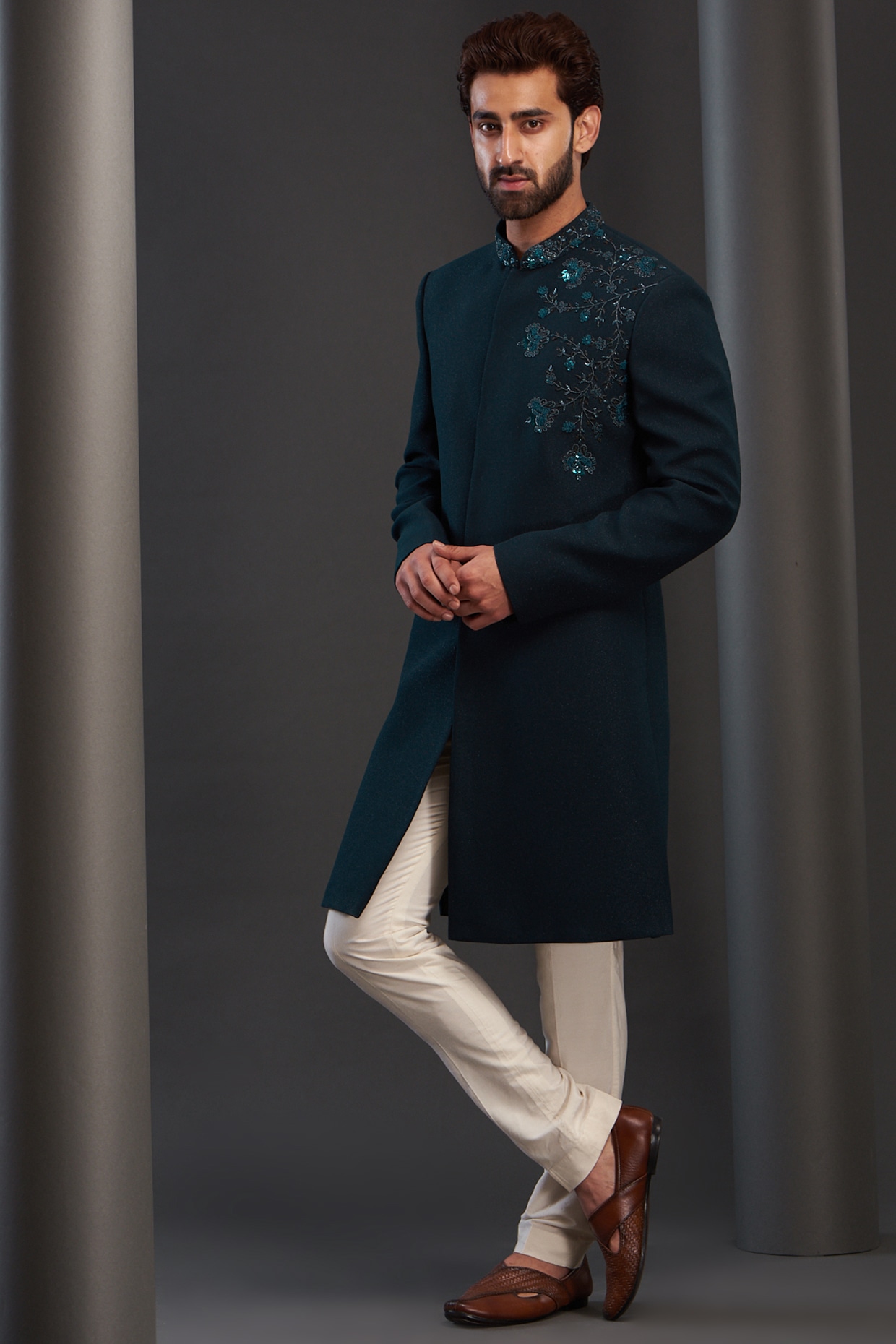 Plain terry rayon dhoti outlet sherwani in navy blue