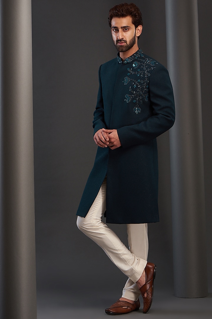 Teal Blue Rayon Hand Embroidered Sherwani by GUJRALS