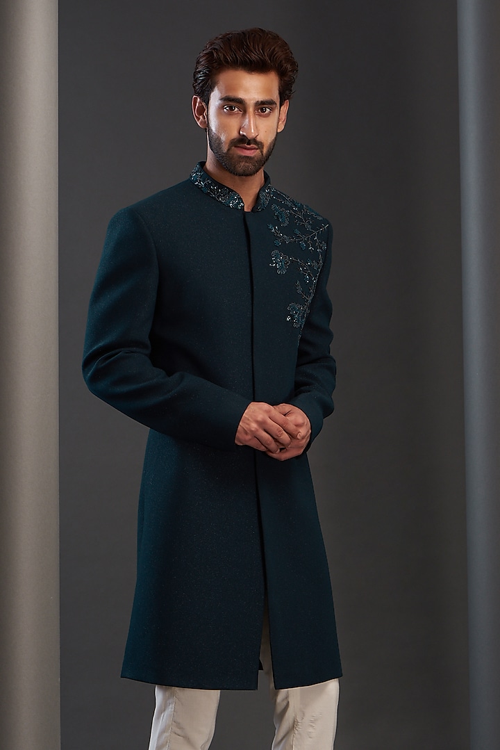 Teal Blue Rayon Hand Embroidered Wedding Sherwani by GUJRALS at Pernia's Pop Up Shop