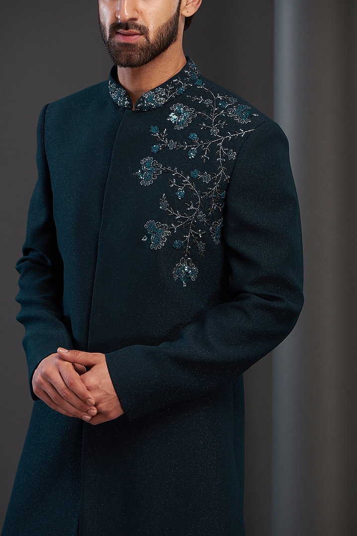Teal Blue Rayon Hand Embroidered Wedding Sherwani by GUJRALS at Pernia's Pop Up Shop