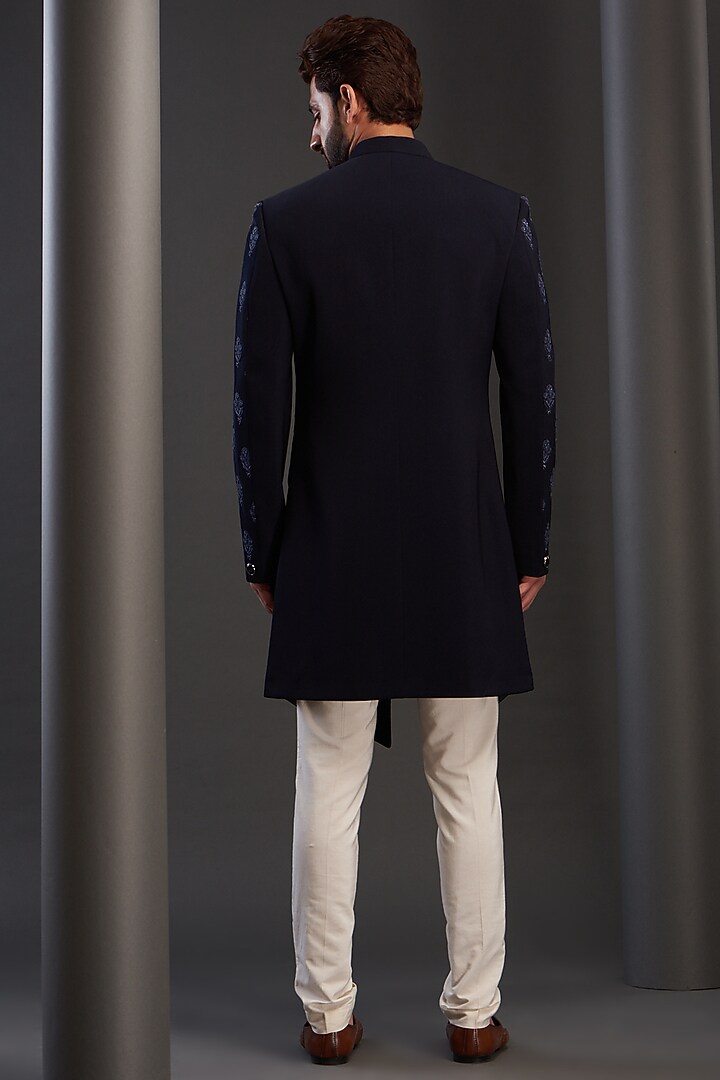 Blue Rayon Embroidered Wedding Sherwani by GUJRALS at Pernia's Pop Up Shop