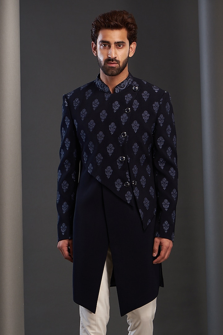 Blue Rayon Embroidered Wedding Sherwani by GUJRALS at Pernia's Pop Up Shop