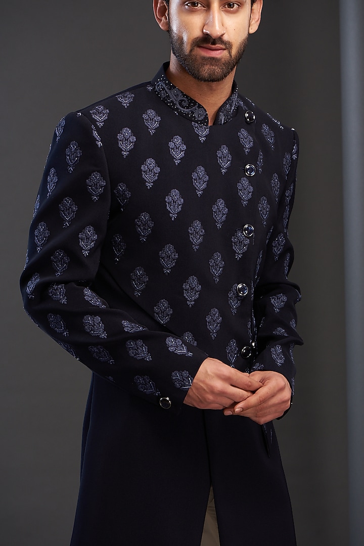 Blue Rayon Embroidered Wedding Sherwani by GUJRALS at Pernia's Pop Up Shop