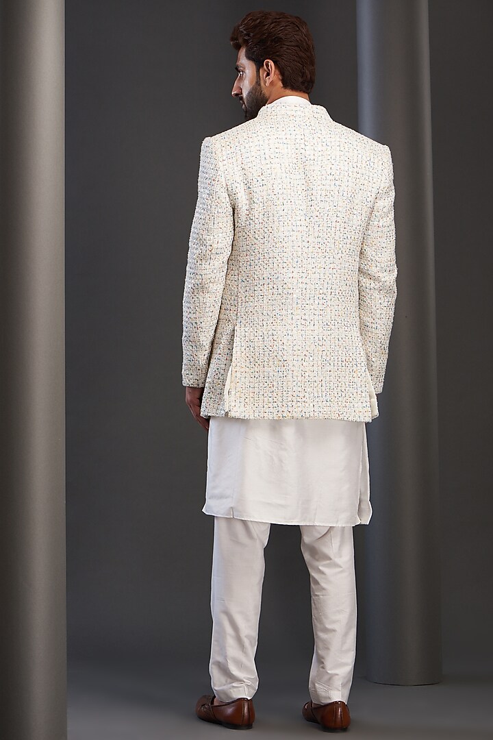 White Rayon Embroidered Wedding Indowestern Set by GUJRALS at Pernia's Pop Up Shop