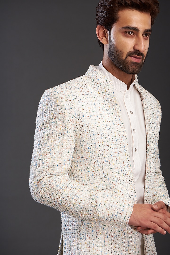 White Rayon Embroidered Wedding Indowestern Set by GUJRALS at Pernia's Pop Up Shop