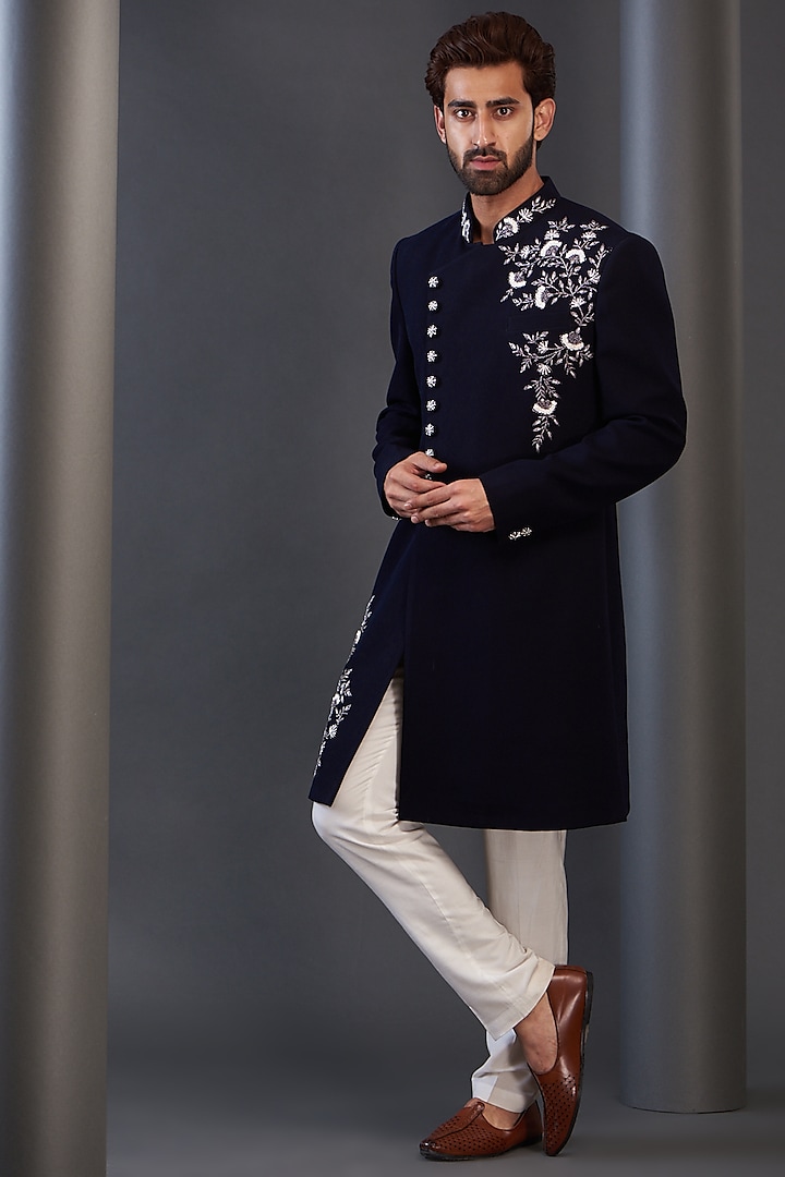 Blue Rayon Hand Embroidered Sherwani by GUJRALS