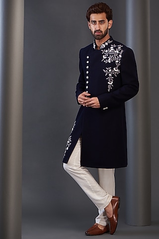 Blue Rayon Hand Embroidered Sherwani by GUJRALS