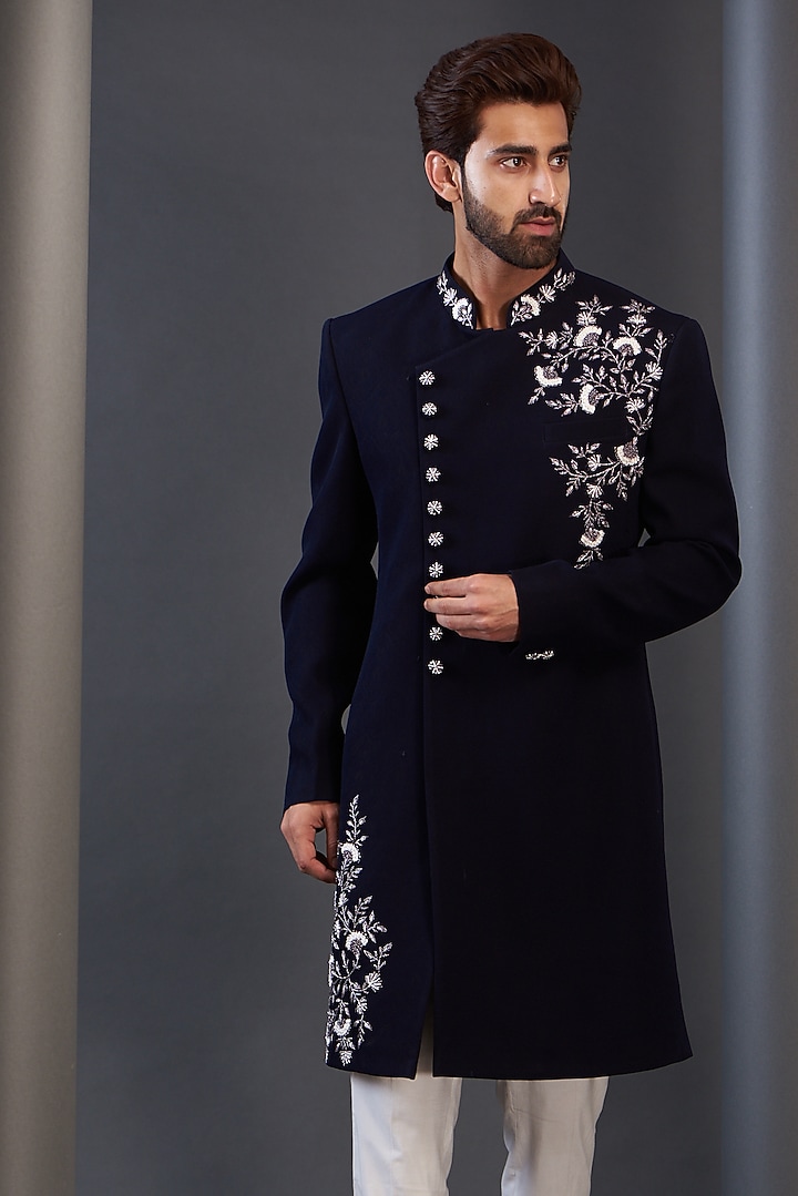 Blue Rayon Hand Embroidered Wedding Sherwani by GUJRALS at Pernia's Pop Up Shop